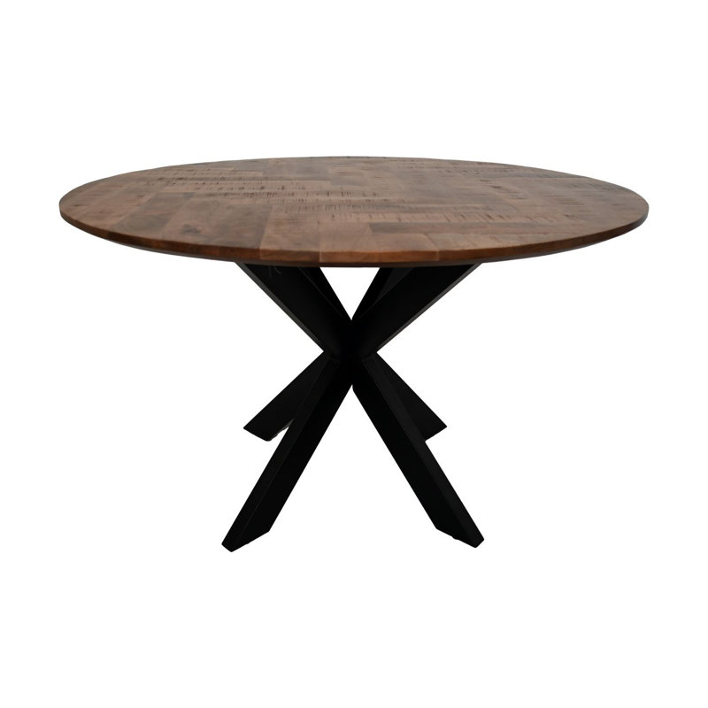 Anaum Round Solid Wood Top Metal Base Dining Table, 76cm H x 140cm L x 140cm W, Natural Wood/Black