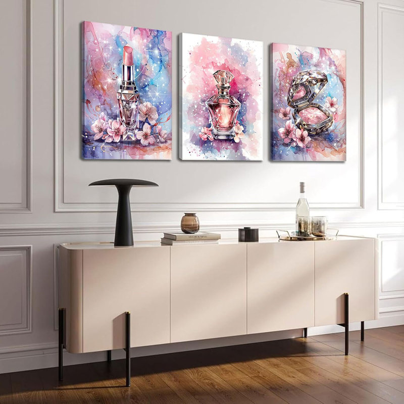3Pcs Tween Teen Girls Bedroom Wall Art Youth Makeup Room Canvas Posters Pink Trendy Beauty Pictures Wall Decor Perfume Lipstick Cosmetics Prints Painting for Mature Girl Dorm Framed