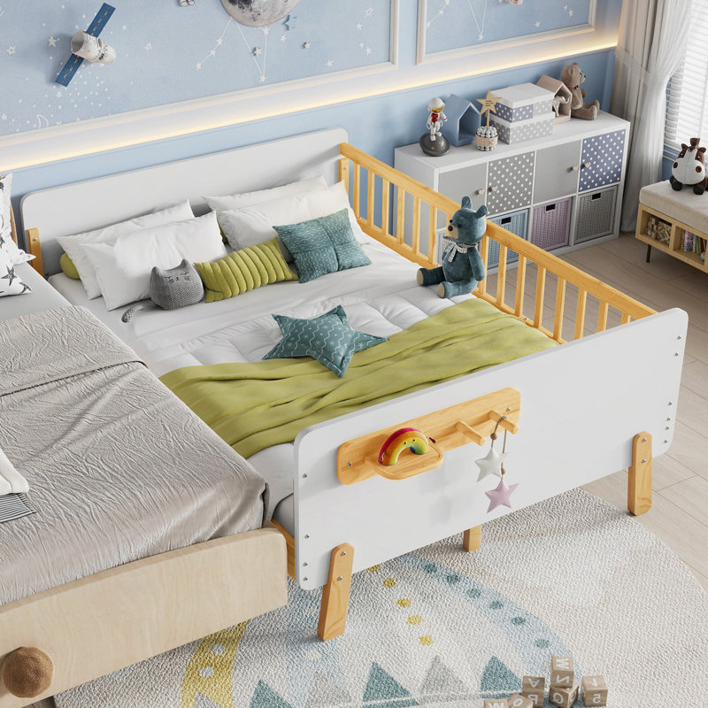 Lit, lit plateforme double en bois avec tête et pied de lit, Lit double , Blanc/naturel