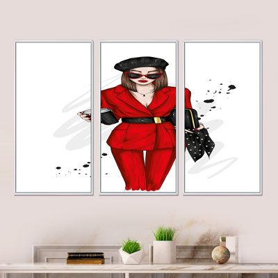 Beautiful and Stylish Girl in Red III - 3 pièces, reproduction sur cadre flottant sur toile