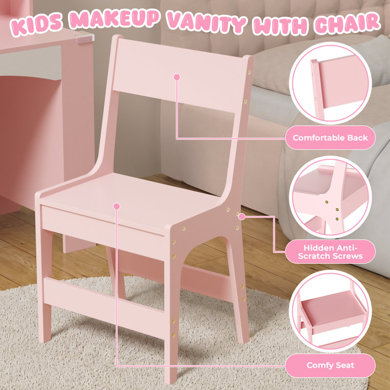 Ensemble de coiffeuse pour enfants avec lumières, ensemble de coiffeuse et de coiffeuse pour filles Princess, bureau de coiffeuse pour tout-petit avec bibliothèque ouverte, armoire de rangement et tablettes, tabourets