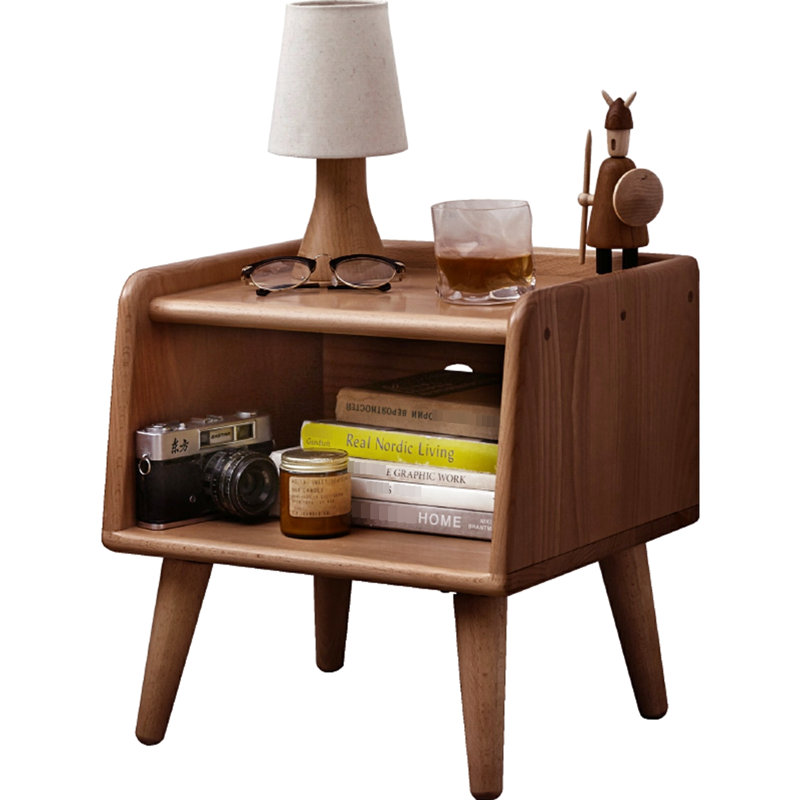 Solid Wood Bedside Cabinet, Simple Nightstand, Brown Beech, Open Compartments, Rounded Edges European Beech Storage Unit, Compact Round Night Table, Low Odor, Quick Setup