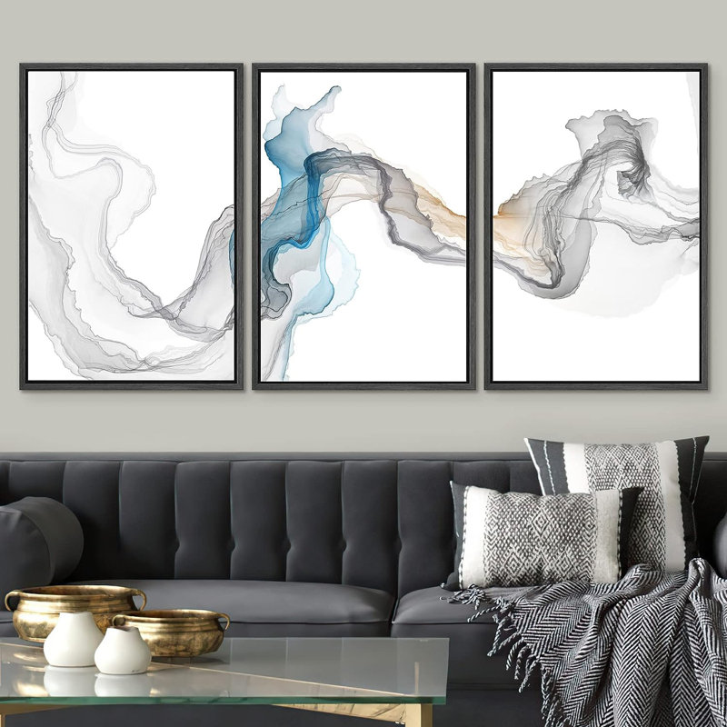 «Smoke Effect Blue Grey Wave», paysage abstrait, illustrations de formes encadrées sur toile, 3 pièces, Cadre noir