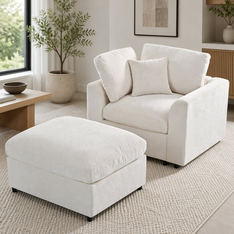 Ensemble de méridienne moderne avec tissu en chenille doux, structure en bois massif et repose-pieds, L 44,1 po x P 36,6 po