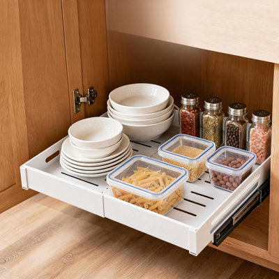 Organisateur extensible d'armoire coulissante - Plateau coulissant en acier au carbone robuste, largeur réglable de 15,7 po à 20,5 po, profondeur de 16,5 po pour la cuisine, le garde-manger, le dessous de lavabo et la salle de bain - Blanc