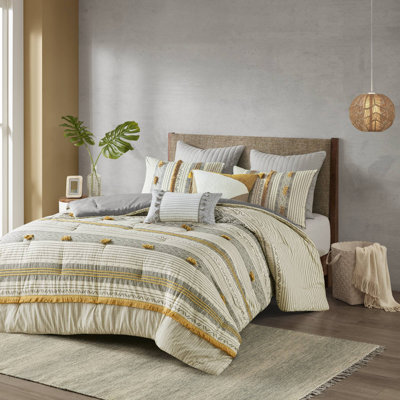 Ensemble de literie en coton de qualité supérieure 3 pièces, design gris / jaune pour très grand / très grand californien