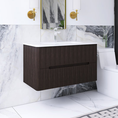 35.82 In. W Single Sink Wall Mounted Bath Vanity With White Ceramic