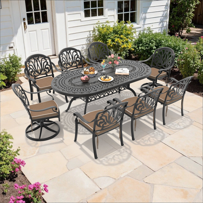 8-Person 81.89"L Oval Patio Dining Set with Umbrella Hole, 2 Swivel + 6 Stackable Chairs with Brown Cushions
