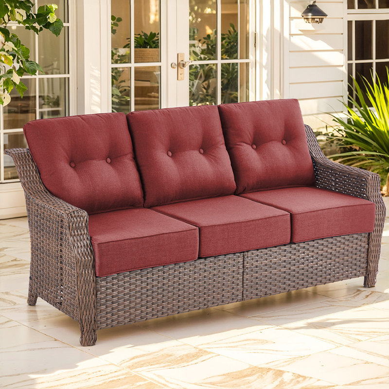 75'' Wide Wicker Outdoor Sofa With Patio Cushions, Red