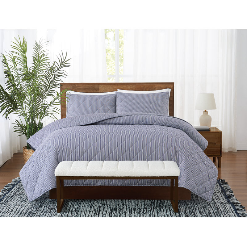 Ensemble de courtepointe Brooklyn Loom Pinstripe, Courtepointe très grand et 2 très grandes taies , Blanc / Bleu marine