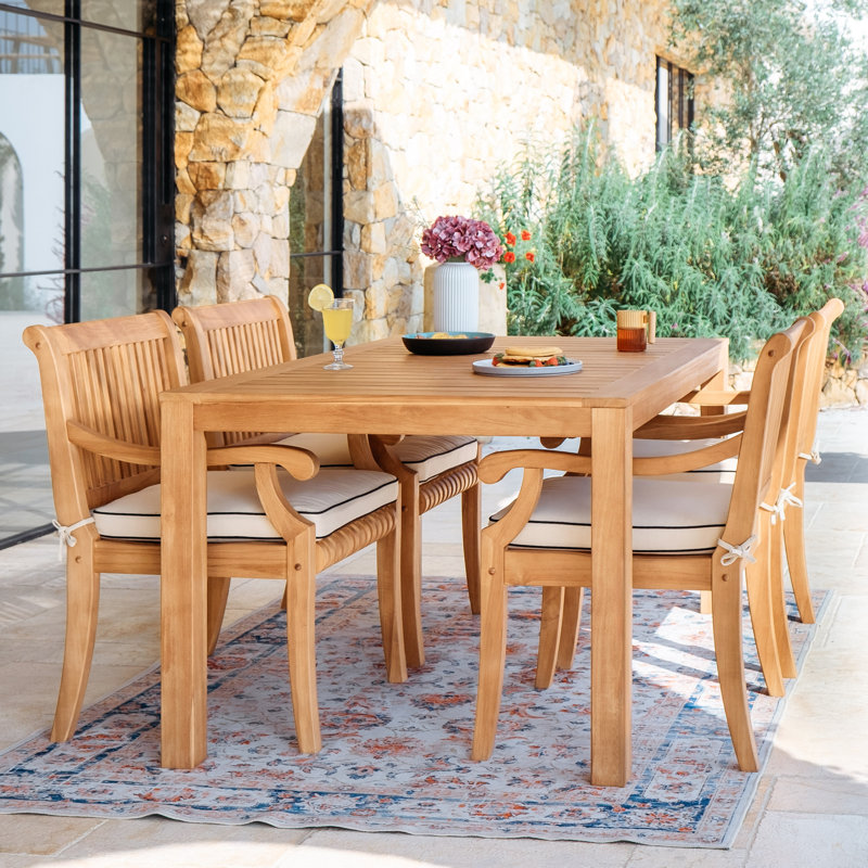 Korie Messer 4 - Person Rectangular Teak Patio Dining Set With Cushions, Natural Teak, Taupe with Black Piping