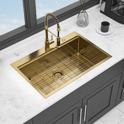33" Gold 16 Gauge T304 Stainless Steel Drop - In Kitchen Sink, Workstation With Track, Smooth Drain, Noise Reducing Pad, Package Cutting Board Sink X 22" Steel, Feature, Easy To Clean And Maintain,