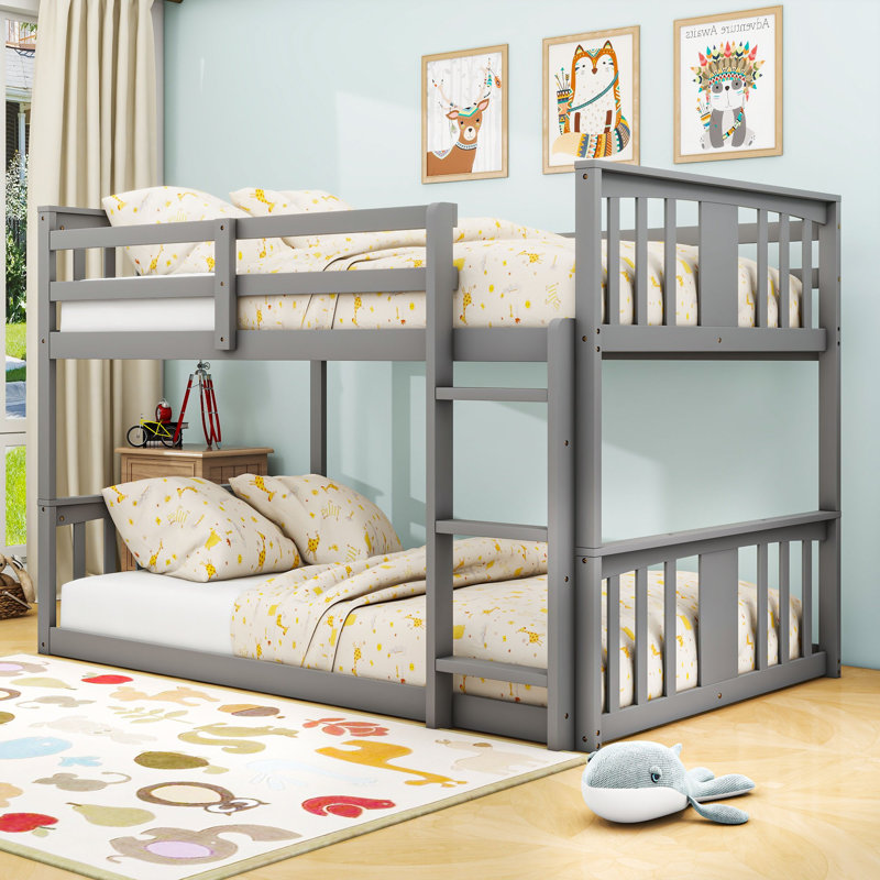 Lit simple superposé en bois avec garde-corps et échelle, Gris