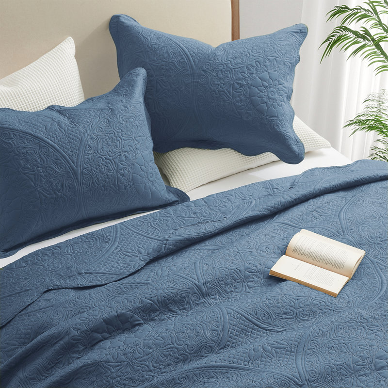 Floral Embossed Quilt Set, Washed Blue, California King Bedspread + 2 Standard Shams
