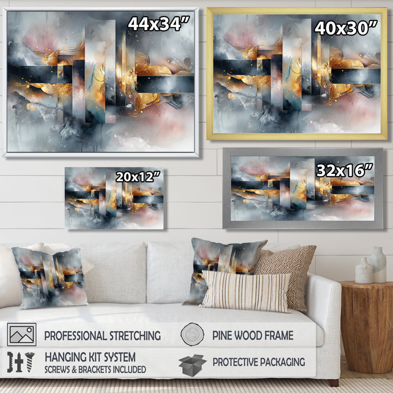«Geometric Ink Pulse III - Constructivism», art mural, Cadre simple, H 12 po x l 20 po, Blanc