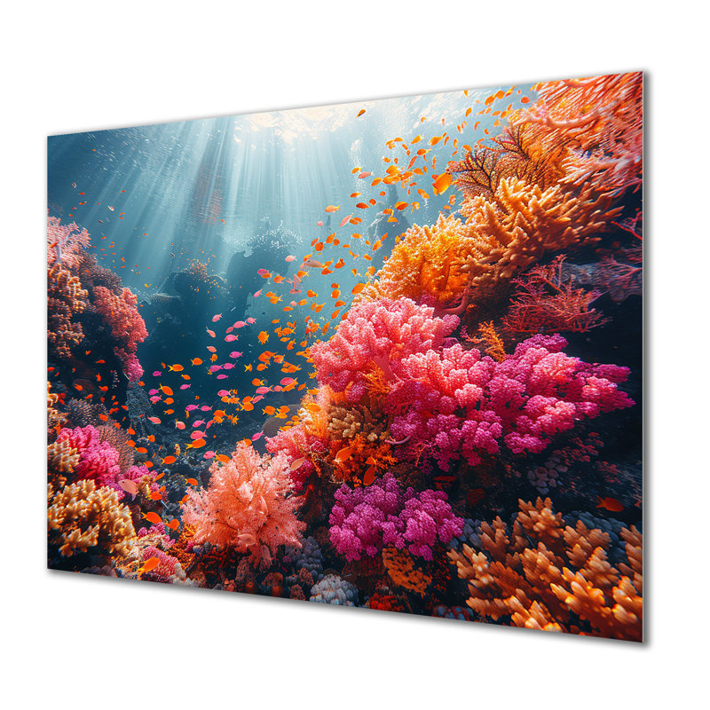 «Little Fishes God Rays Deep Ocean» - art mural corail, Métal métal, H 34 po x l 44 po x P 1,5 po