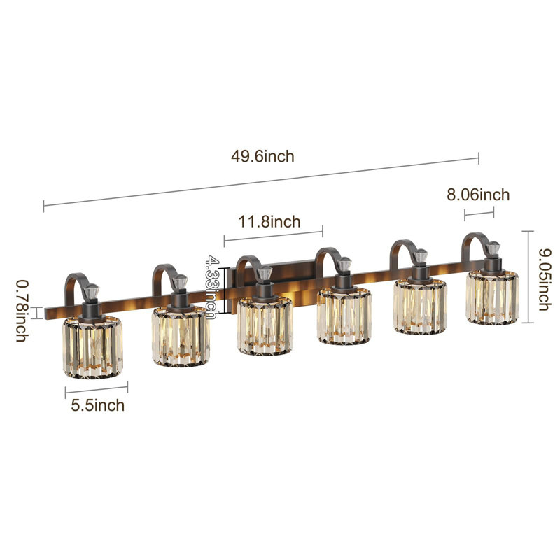 Éclairage pour meuble-lavabo en cristal 6 lumières, Noir, noir, noir, noir