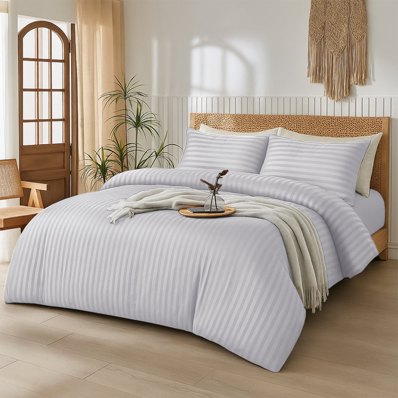 Aspire Homeware 4 Piece Hotel Quality Striped Duvet Bedding Set with Pillowcases and Fitted Sheet for Luxury Bedding Comfort