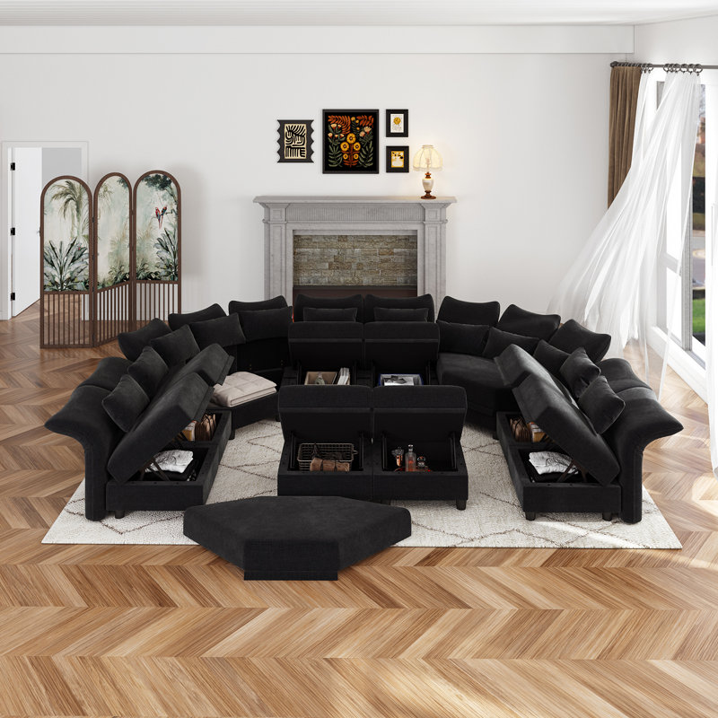 Ahren Upholstered Curved Sectional, Black Chenille