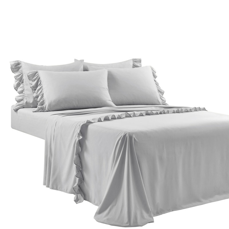 Ensemble de draps en microfibre Reyna Ruffle, Ensemble de draps pour taille de lit très grand a, Gris pale