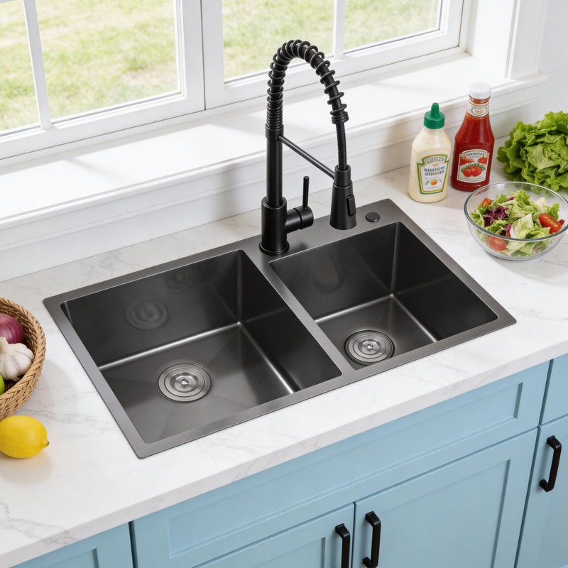 32"L × 19"W Drop-in Double Bowl Stainless Steel Kitchen Sink, Black