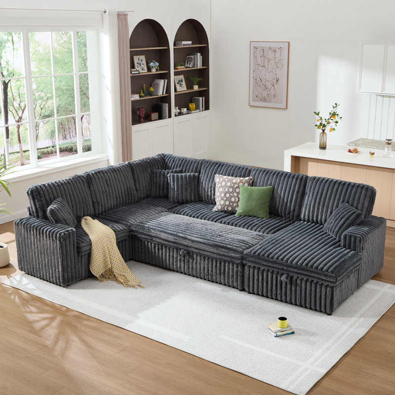 130" Wide U-Shaped Sectional Sofa With Multiple Storage Seats And 2-Seat Movable Ottoman, Gray Faux Fur, Gray Faux Fur