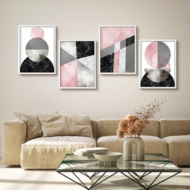 "Décoration abstraite géométrique en marbre rose et gris", 4 pièces, Blanc, H 10 po x l 8 po