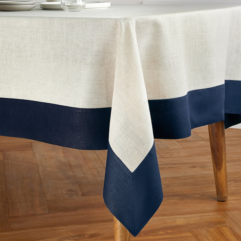 Contempo - 100% Pure Linen Tablecloth, 120" x 60", Navy/Natural