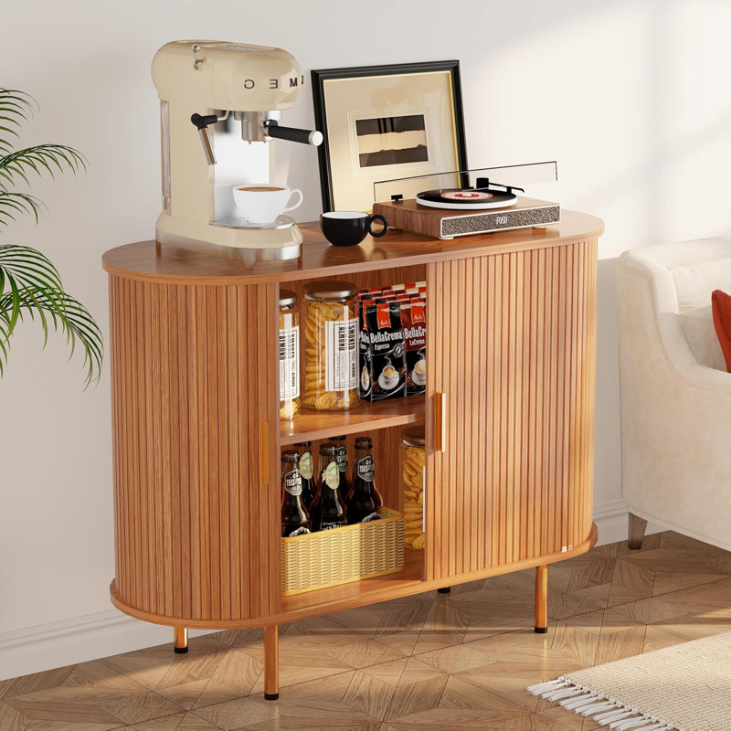 Storage Cabinet, Fluted Sideboard Buffet Cabinet With Tambour Sliding Doors& Adjustable Shelf, Accent Coffee Bar Console Table For Kitchen, Living Room, Entryway