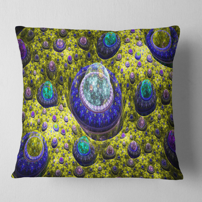 Planète exotique Fractal - coussin imprimé abstrait, 18 po x 18 po, Jaune, Coussin décoratif