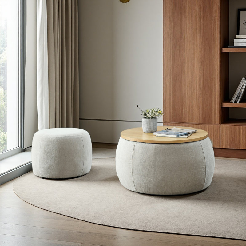 Round Storage Ottoman, 2 In 1 Function, Work As End Table And Ottoman,With Small Seat, Light Green