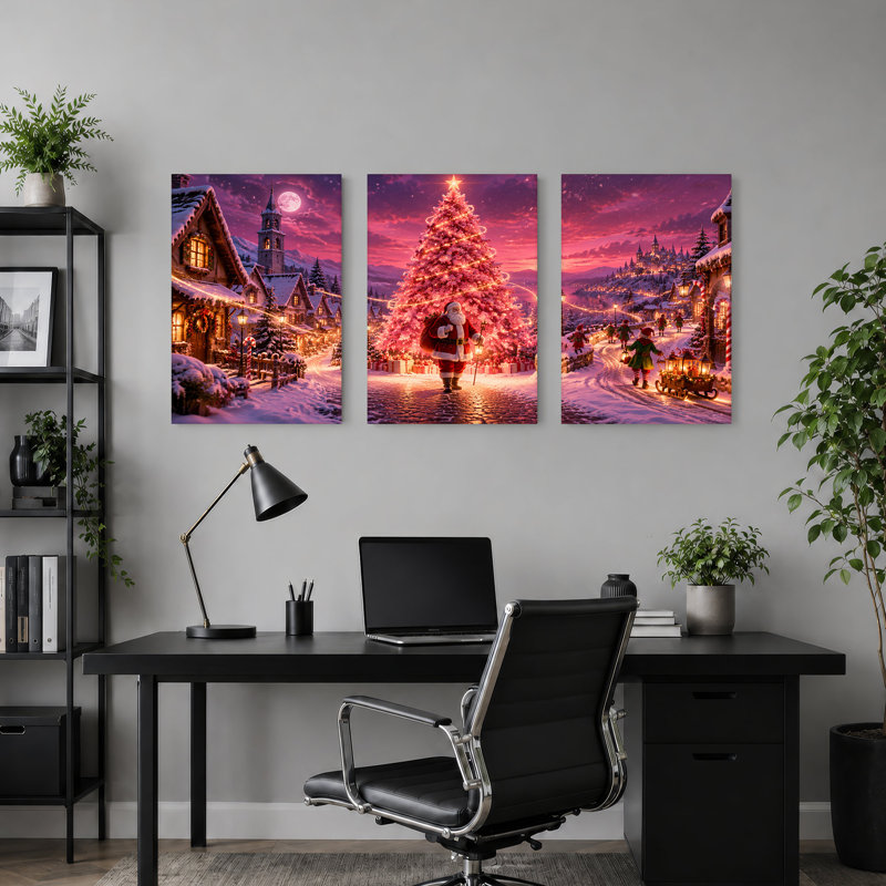 Père Noël marchant devant un arbre rose géant, ensemble de 3 toiles, 72"W x 36"H Overall - 3 Panels