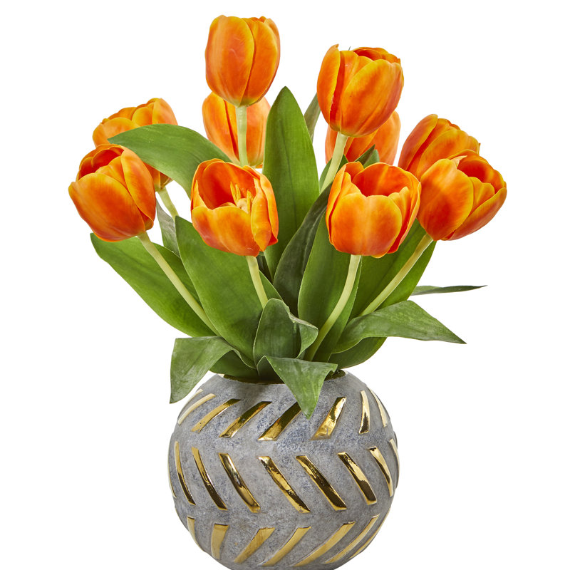 Nearly Natural 15" Orange Tulip Arrangement in Decorative Vase