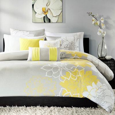 Housse de couette pour grand lit - 6 pièces en coton imprimé à motif floral avec boutons et attaches de coin, 2 taies décoratives, 3 coussins décoratifs et des accents brodés froissés - disponible en gris / pêche, taupe