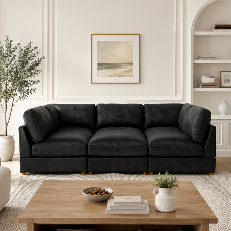 Canapé modulaire rembourré en velours côtelé, Black Faux Leather, Black