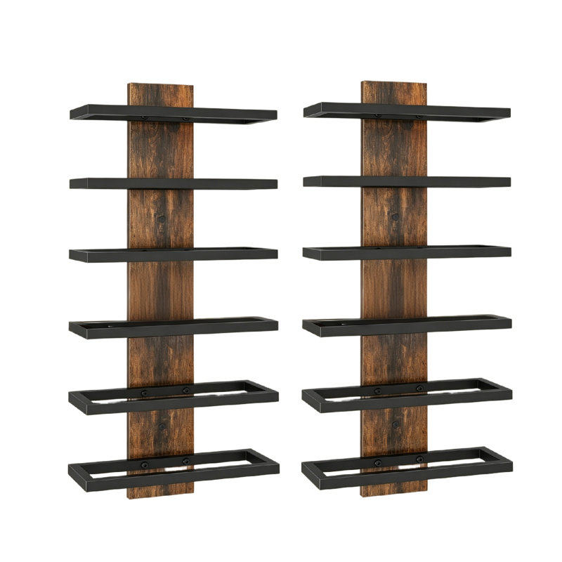 2 Pack Wall Mount Wine Rack, 6 Bottle & Glass Display Shelf, Brown