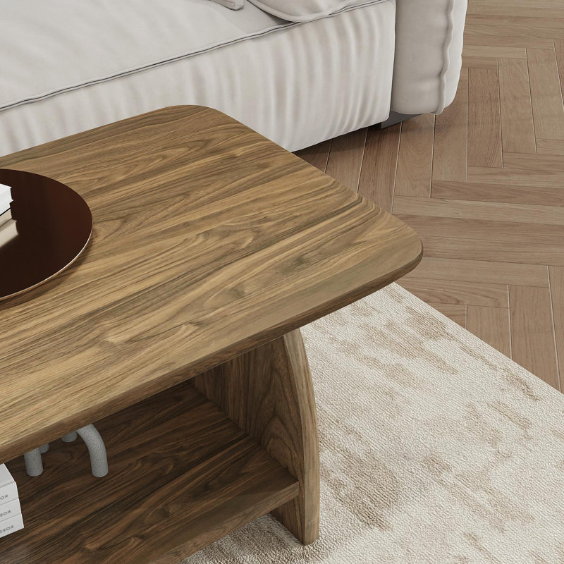 Table basse de salon moderne de 47 pouces, table basse rectangulaire à double couche avec fonction de rangement, conception d'angle arrondi, matériau en bois aggloméré, convient au salon