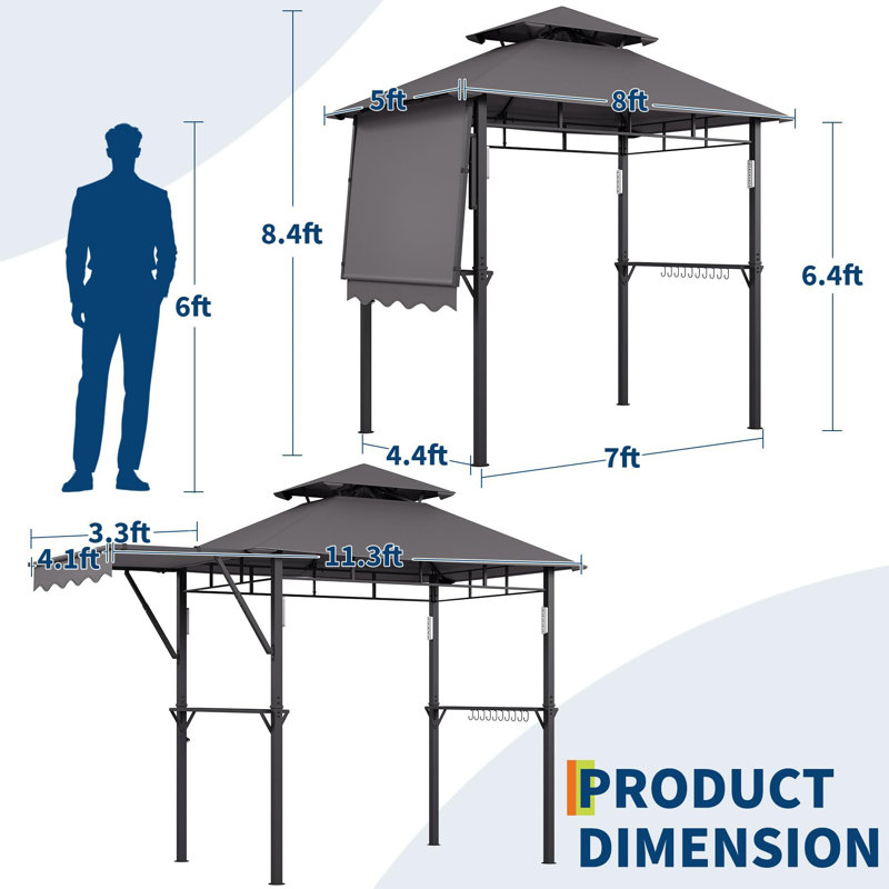 11.3x5 FT BBQ Grill Gazebo with Side Adjustable Side Awning, Double-Tier Vented Canopy, Storage Shelves, Heavy Duty Steel Outdoor Grill Shelter