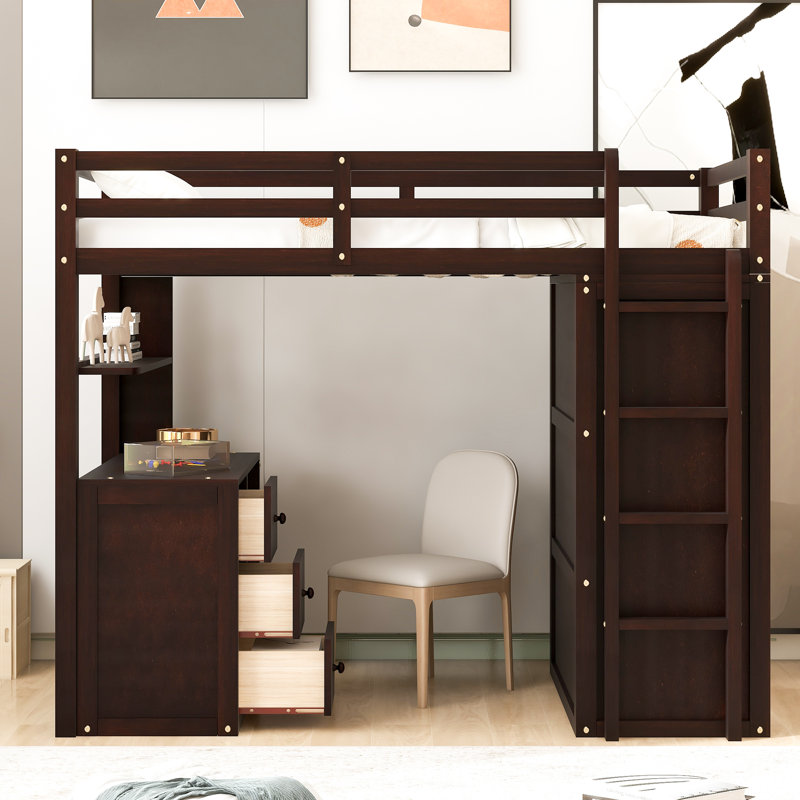 Florinka Loft Bed with Drawers,Desk,and Wardrobe, Espresso, Twin