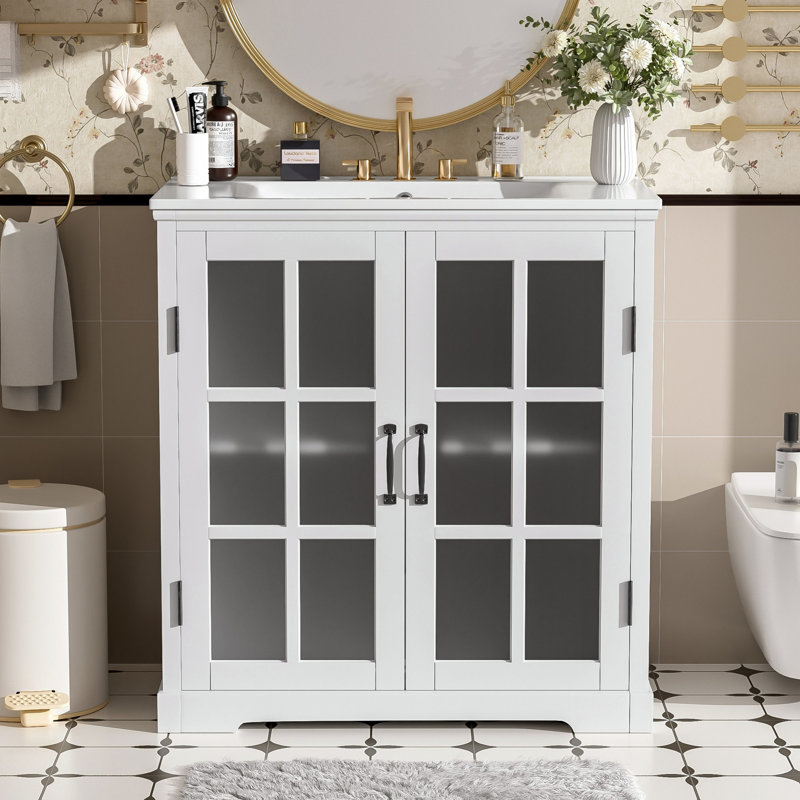 Meuble-lavabo avec lavabo, meuble-lavabo avec portes en verre trempé, meuble-lavabo moderne avec rangement, Blanc
