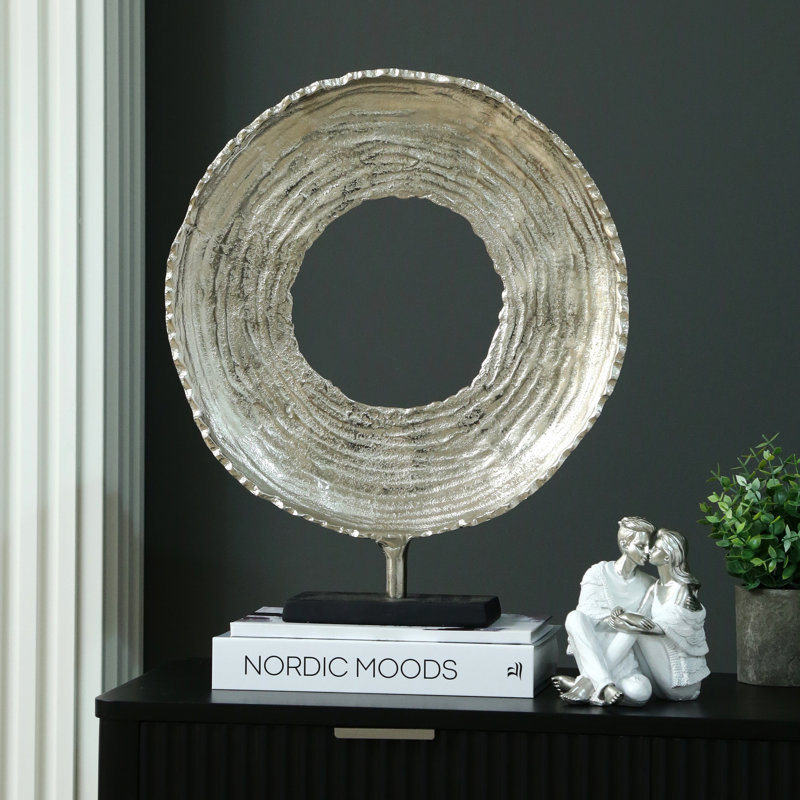 Sadete Nickel Round Metal Figurine & Sculptures with Black Base for Living Room Decoration, Home Decor