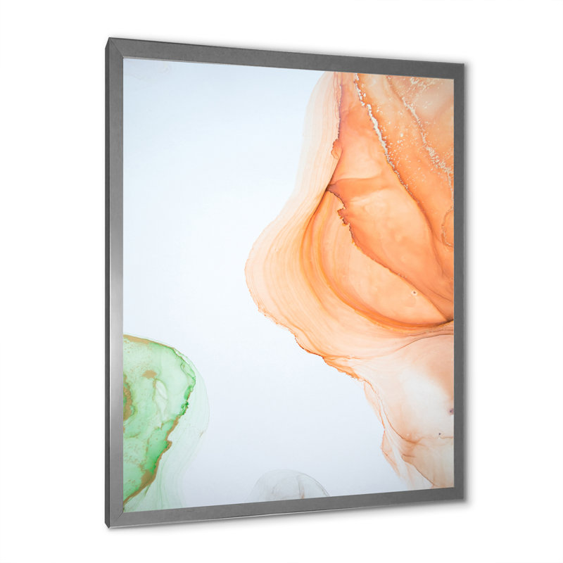 Art mural liquide sur fond vert et orange II, Cadre photo argenté, H 36 po x l 24 po x P 1 po