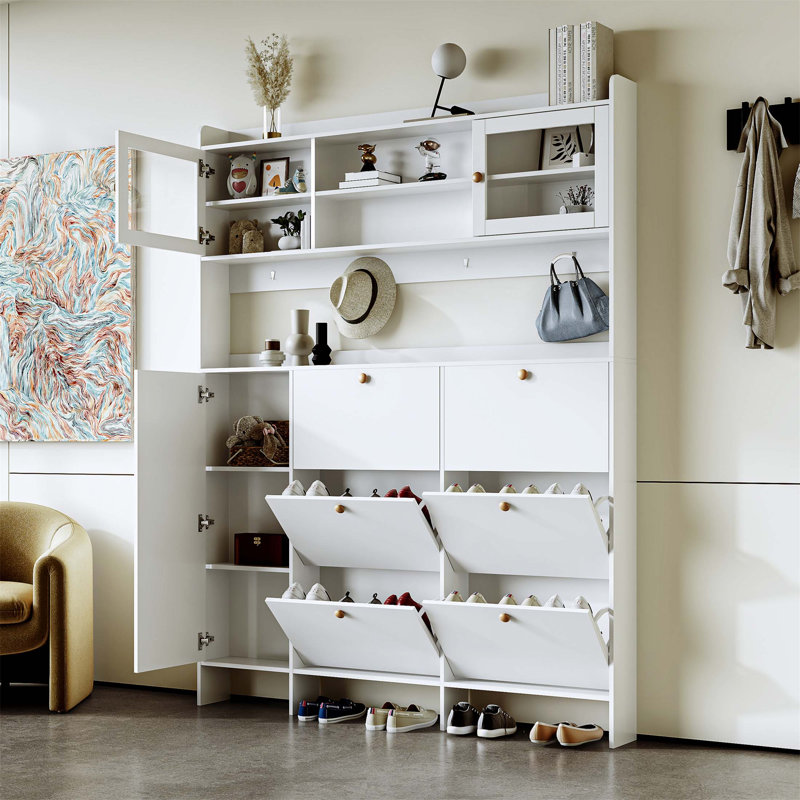Multifunctional Tipping Bucket Shoe Cabinet With Storage Shelf & 6 Flip Drawers, Large Hall Tree With Tempered Glass Doors, Foyer Cabinet With 4 Hooks For Hallway