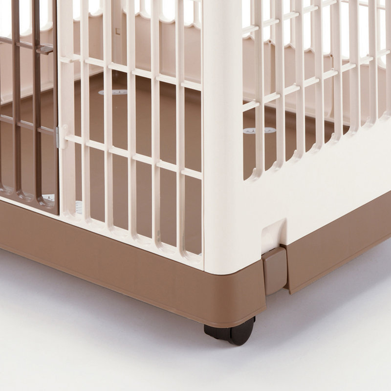 Medium Off-White and Brown Plastic Rolling Pet Crate