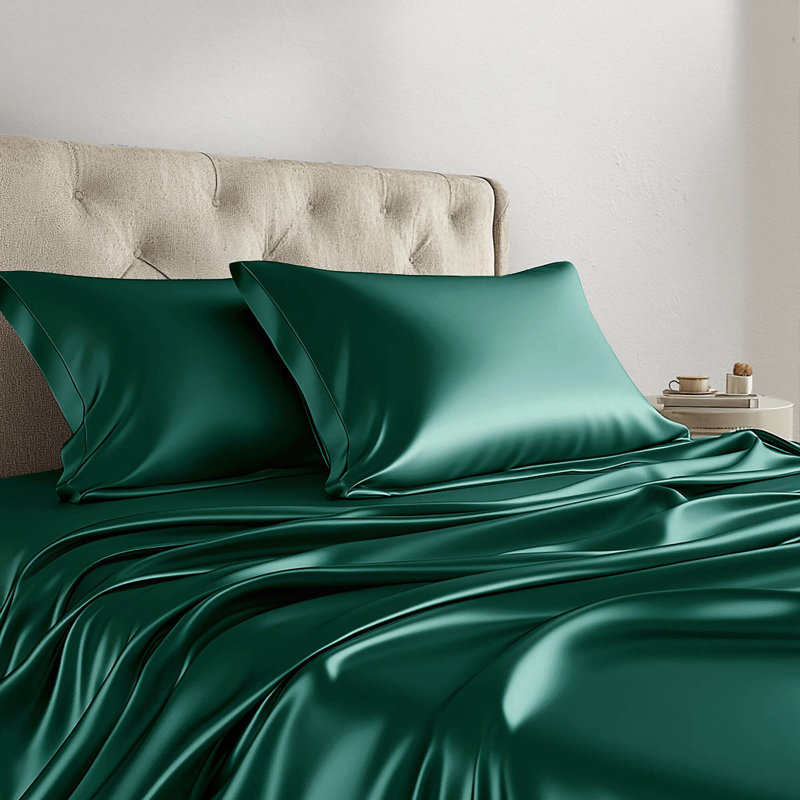 Satin Wrinkle Resistant Luxury Sheet Set, Queen Sheet Set + 4 Standard Pillowcases, Emerald