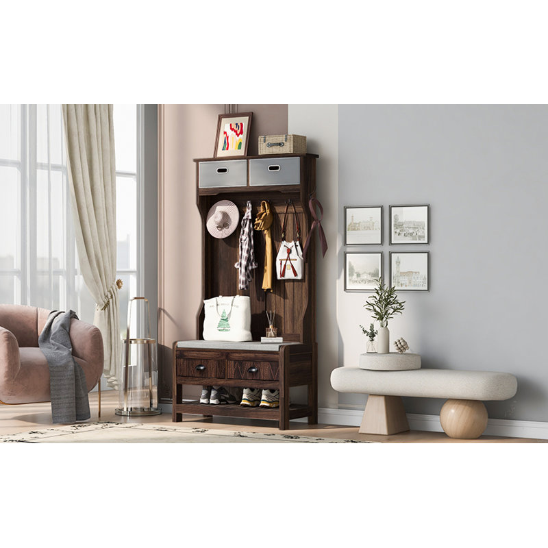 Hall Tree With 6 Hooks And Hinged Lid, Coat Hanger, Entryway Bench, Storage Bench, 3-In-1 Design, 69INCH, Brown