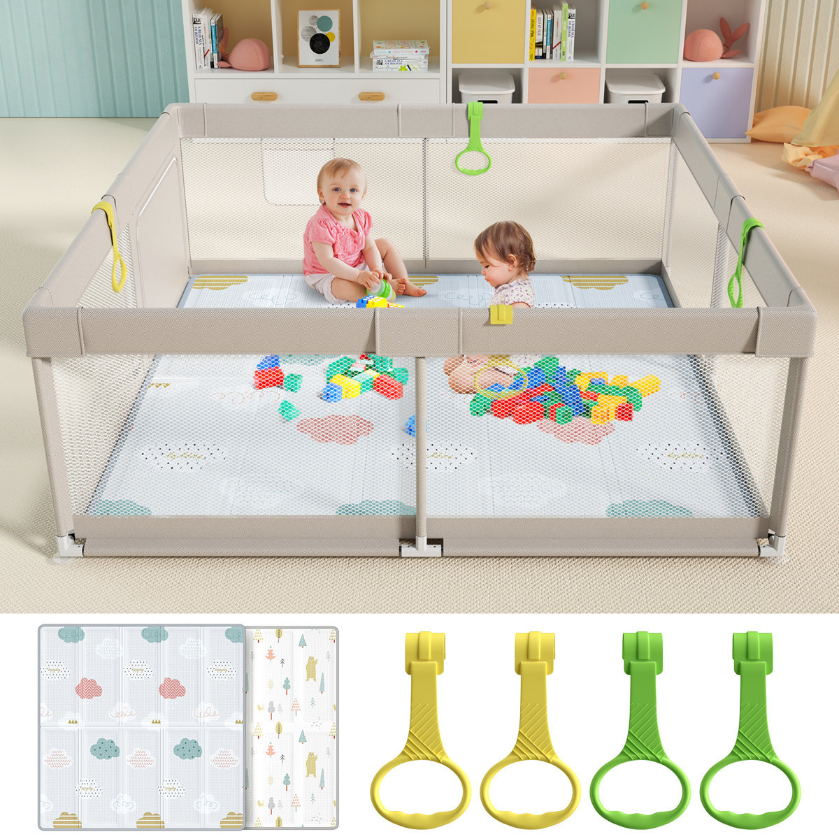 Uanlauo Baby Playpen with Mat, 59x59inch Playpen for Babies and