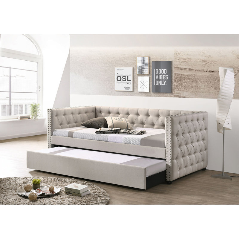 Romona Beige Fabric Daybed W/Trundle, 34" H x 86" W x 58" D, Beige