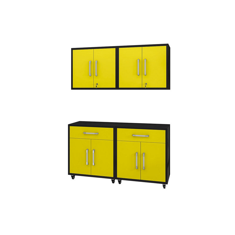 Ensemble de rangement de garage Eiffel moderne avec tiroirs et tablettes amovibles jaunes, Noir mat / jaune