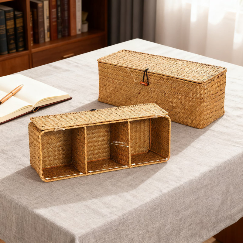 Woven Seagrass Storage Basket Organizer With Lid, 3-Section Rectangular Decorative Box For Home & Office Organization